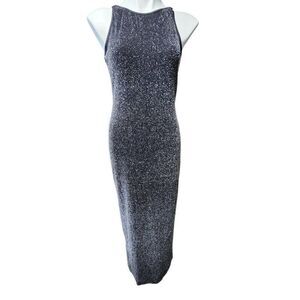 Vintage black tinsel Bodycon tank long dress silver shimmer medium USA  Y2K